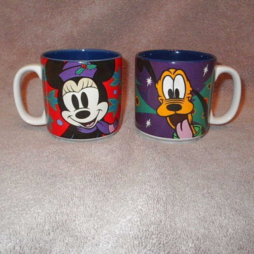 Vintage Disney Mugs Set Of 2 Pluto & Minnie Mouse Stoneware Coffee Cups Colorful
